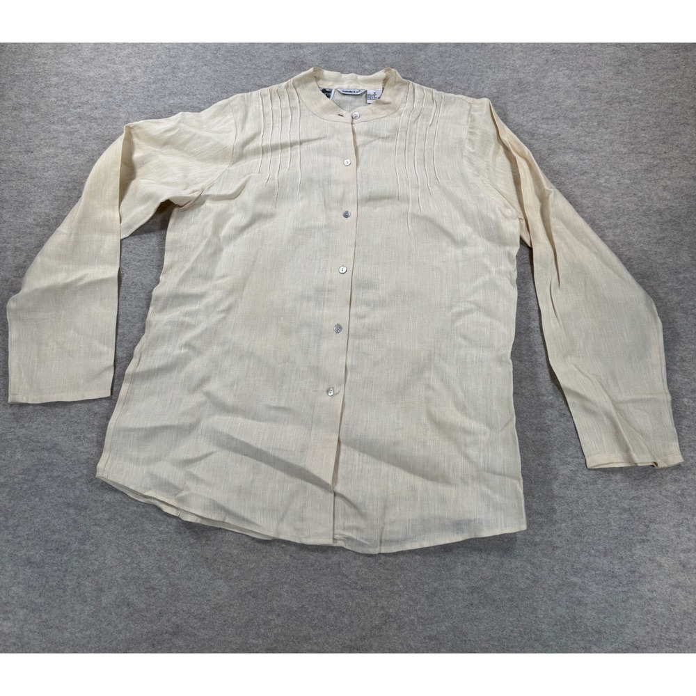 Malcolm & Co Ivory Irish Linen Blouse Womens M Long Sleeve Pintuck Button Front